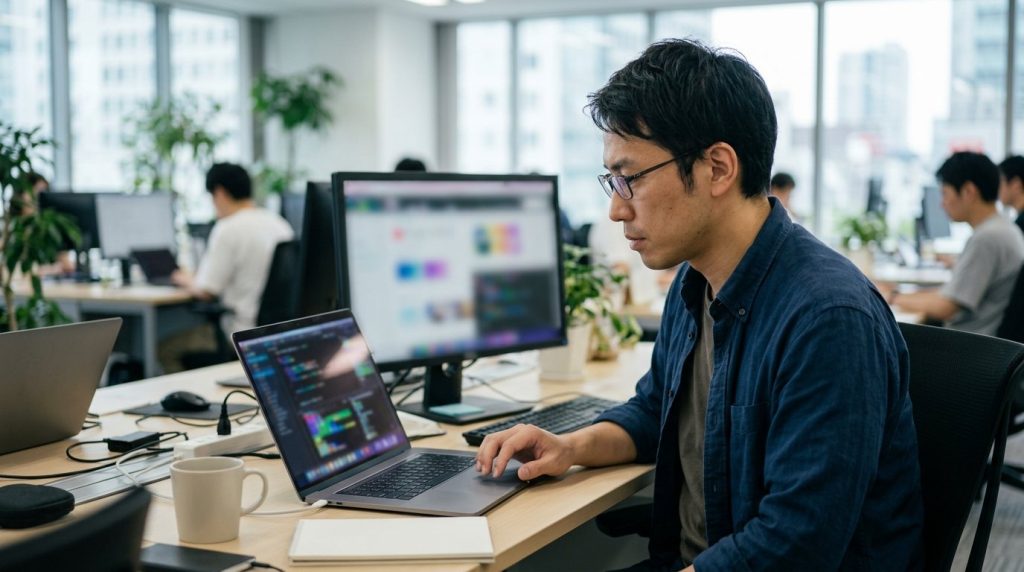 システムアップデート作業を行うIT担当者の様子
