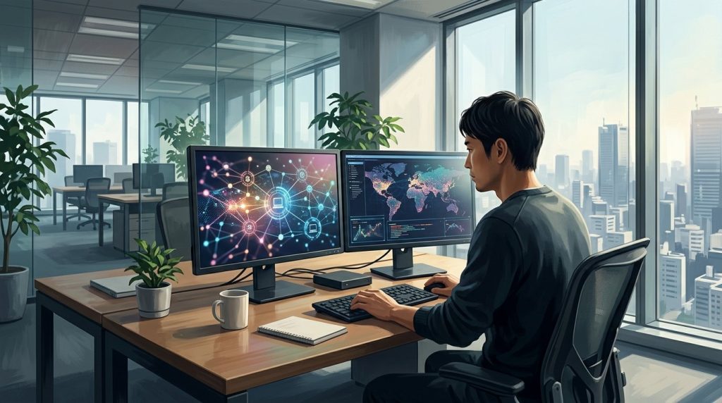 オフィスでネットワーク管理画面を確認するIT技術者の様子